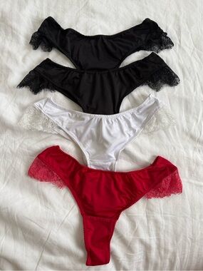 Women's Lace-Trim Bikini & Thong Panty Set - Black, White, Red